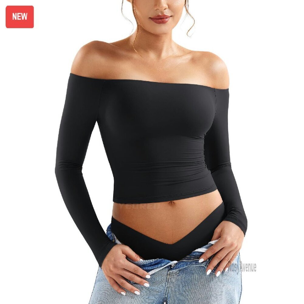 Off Shoulder Long Sleeve Double Lined Y2K Top Slim Fit